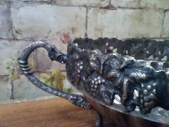 Silver Plate Centerpiece Bowl 18″ Pounded with Iron Cutout Rim, Made in India