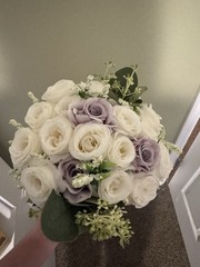 Artificial White & Lavender Rose Wedding Bouquet w/ Eucalyptus, Ribbon Handle