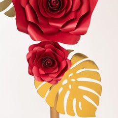 9 RED 3D Rose Paper Flowers with Gold Monstera Leaves Wedding Decorations