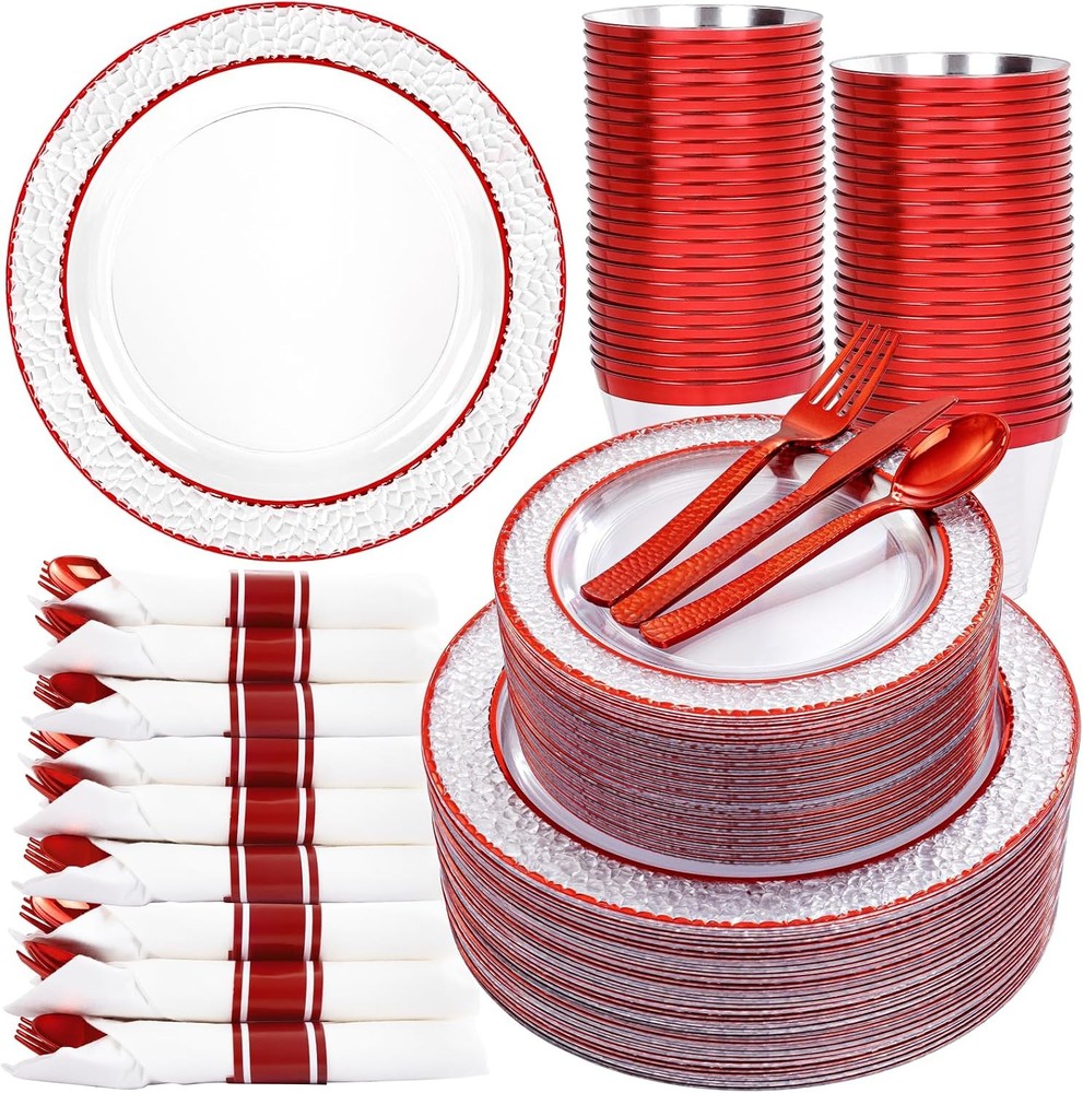 Ciaell 350PC Red Plastic Plates Set for 50 Guests – Dinnerware & Cups