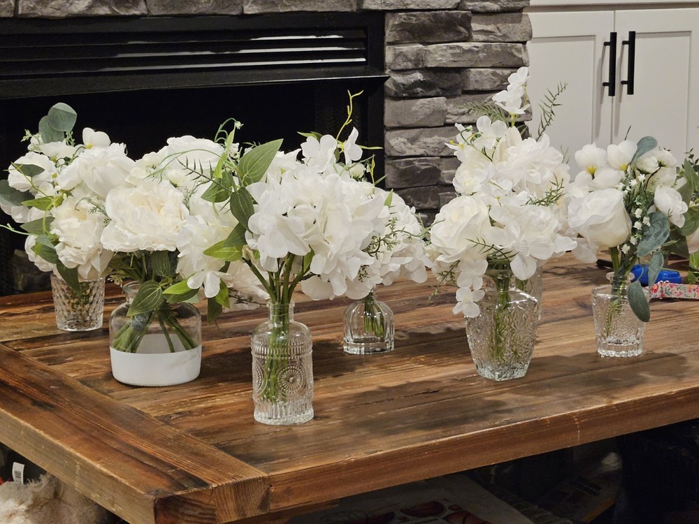 7pc White Faux Flower Bouquets Wedding Centerpieces Decor Lot VASES NOT INCLUDED