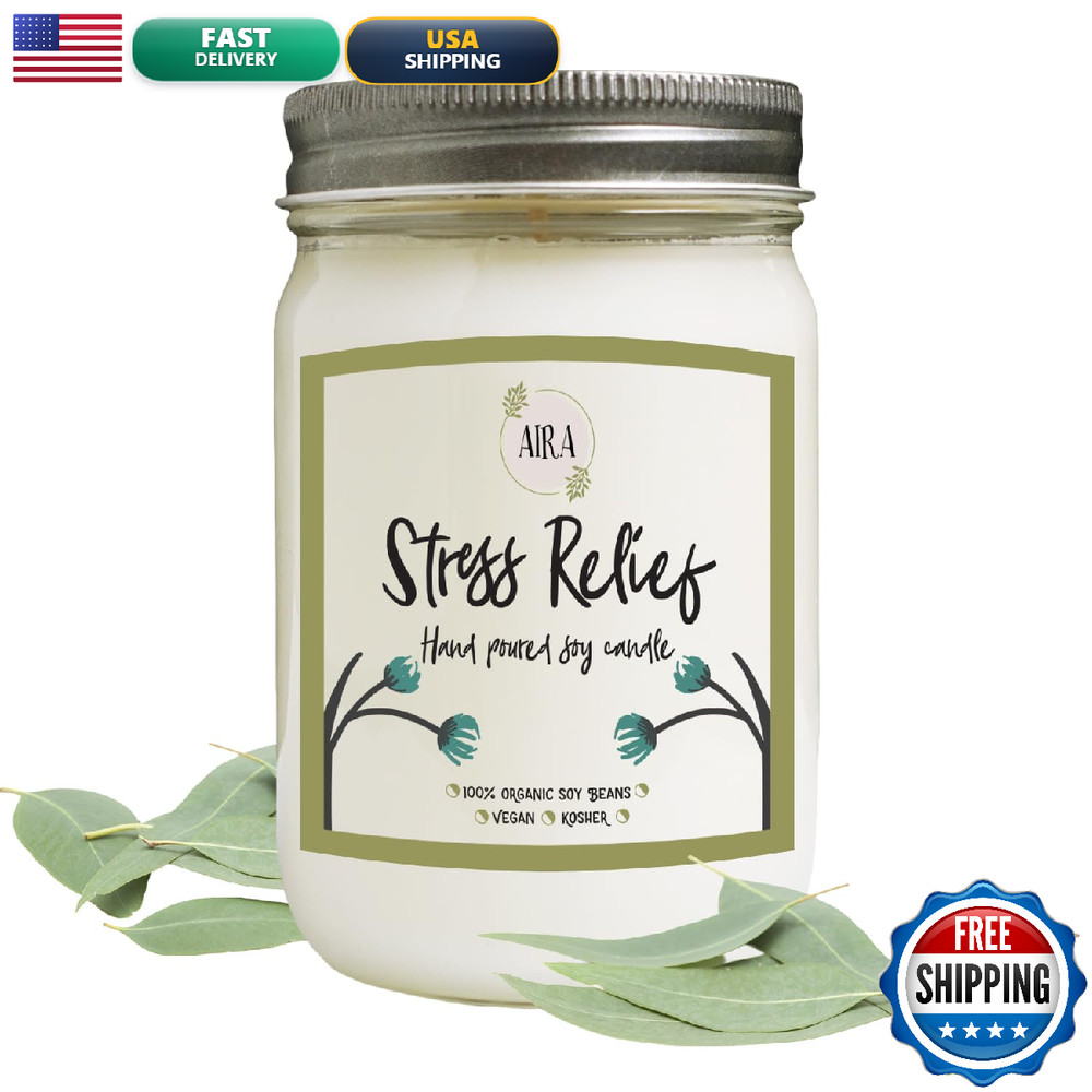 Aira Soy Candle Stress Relief Eucalyptus Spearmint 12 Oz Mason Jar Hand-Poured