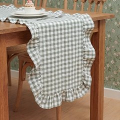 Tegeme Gingham Table Runner 12»x71» Cotton Ruffle Checkered Olive Green Plaid