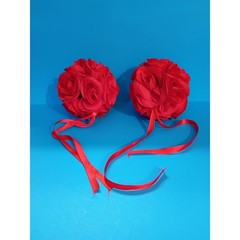 Set of 2 Red Fabric Rose Pomander Kissing Balls Wedding Decor Flower Girl 5 inch