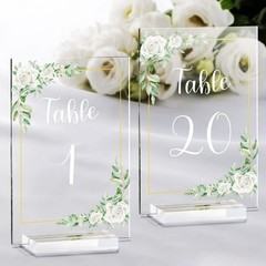 White Rose Acrylic Wedding Table Numbers 120 Stands 4×6 Inch Clear Signs Set