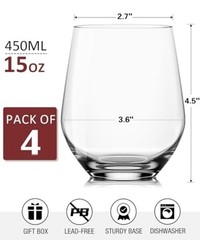 Stemless Wine Glasses Set of 4, Red White Wine Glasses, Stemless-15oz (4 Count)