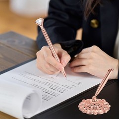 1 Pcs Hollow Round Pen Holder Signing Pen Set Big Crystal Diamond, Rose Gold