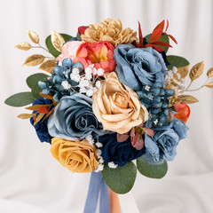 Dusty Blue Yellow Orange Silk Rose Bridal Bouquet Boutonniere Wedding Set Decor