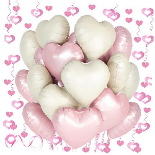 White Heart Balloons, 24Pcs 18Inch Baby Cream White Foil Shaped Love Pink