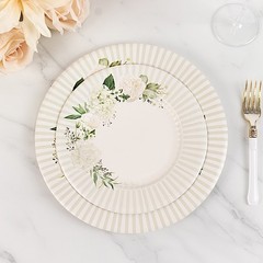 25 White 8″ Dessert Paper Plates with Sage Green Floral Lined Rim Decorations