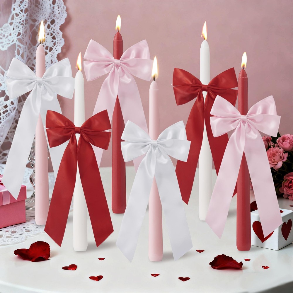 SRCVYLT 6 Pcs Valentines Candle Sticks Bow Taper Medium, pink red white