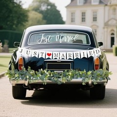 Just Married Car Decorations Kit Wedding Car Decor with Artificial White Roses