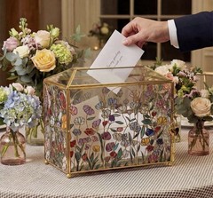 Glass Wedding Card Box, Heart Lock & Key, Floral, For Cards, Gifts Bride Groom