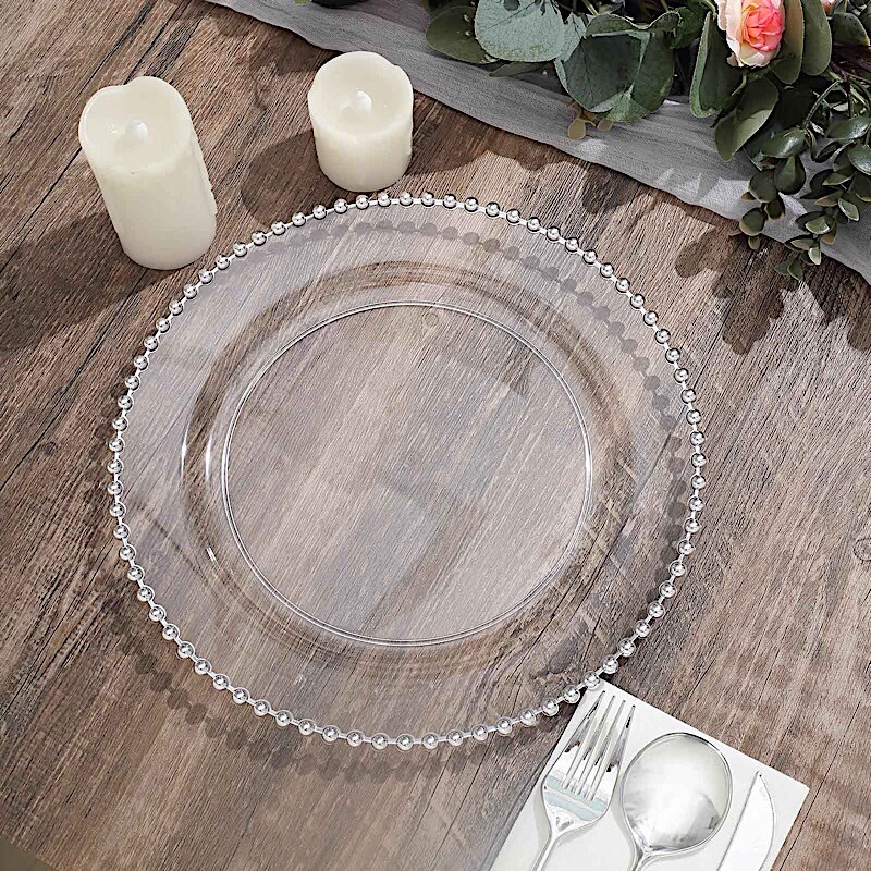 CLEAR SILVER 10 Round 10″ Plastic Salad PLATES Beaded Rim Party Events