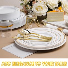 White and Plastic Dinnerware Set for 50 Guests, Disposable Party 350 PCS Gold