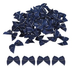 100Pcs Mini Metallic Edge Ribbon Bow 1″ Flower Bows Soft Silver Edge Navy Blue