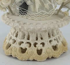Vintage Art Deco Bride Groom Wedding Topper Bell Clapper Lace Ceramic Stand Silk