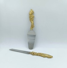 Modern Elegance Cake Server & Knife Set – Brass & Steel Wedding Tableware