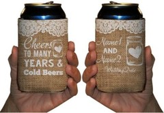 Custom Rustic Wedding Can Coolers, Cheers to many Years and Cold Beers