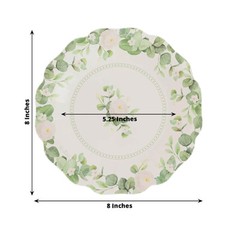 25 WHITE GREEN Floral Greenery Dessert Paper Plates with Scalloped Edge