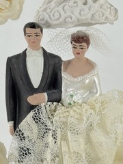 Vintage Art Deco Bride Groom Wedding Topper Bell Clapper Lace Ceramic Stand Silk