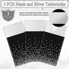 3Pcs Black and Silver Tablecloth Party 3 Pack,