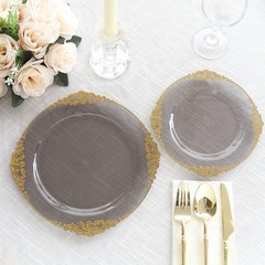 10 TRANSPARENT BLACK GOLD 10″ Round Plastic Salad Dinner PLATES Embossed