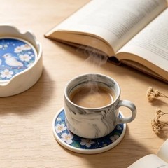 Round Glass Coaster Set, Birds and Floral Design, PVC and Glass, 4.33 Blue a