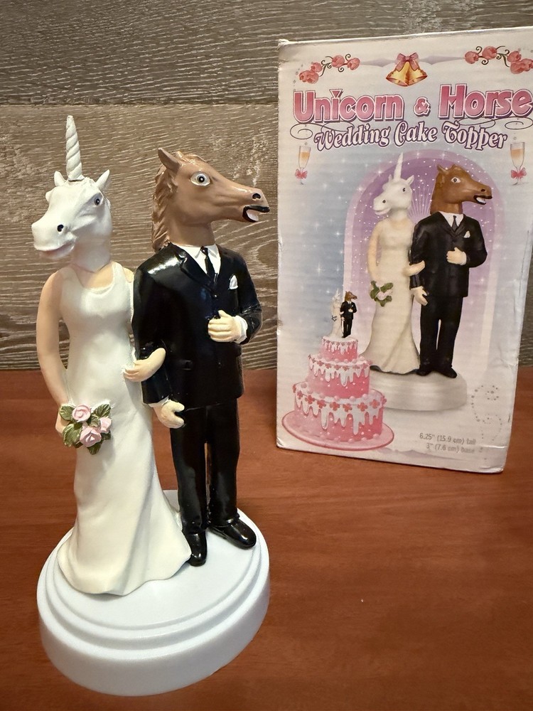 Wedding Unicorn & Horse Cake Topper Figurine Resin Humorous White Black Brown