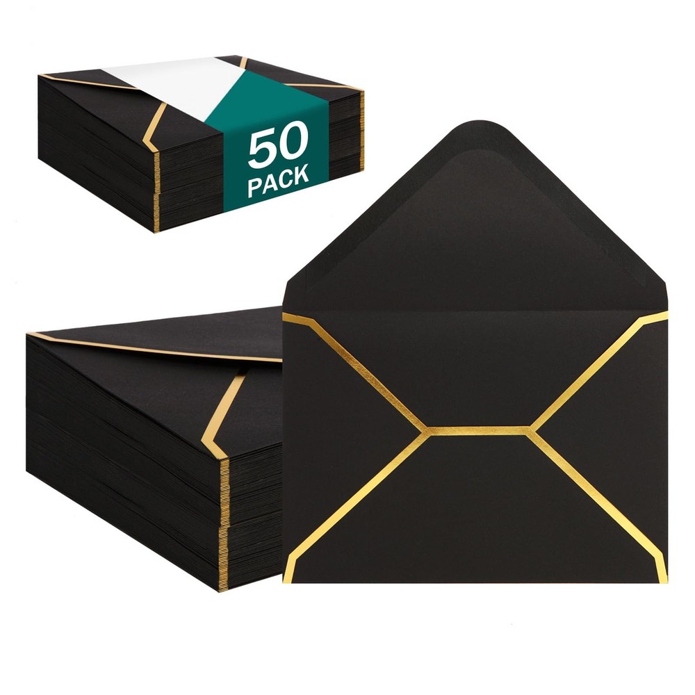 (50 Pack 5×7 Inch) Black Envelopes for Invitations with Gold inches