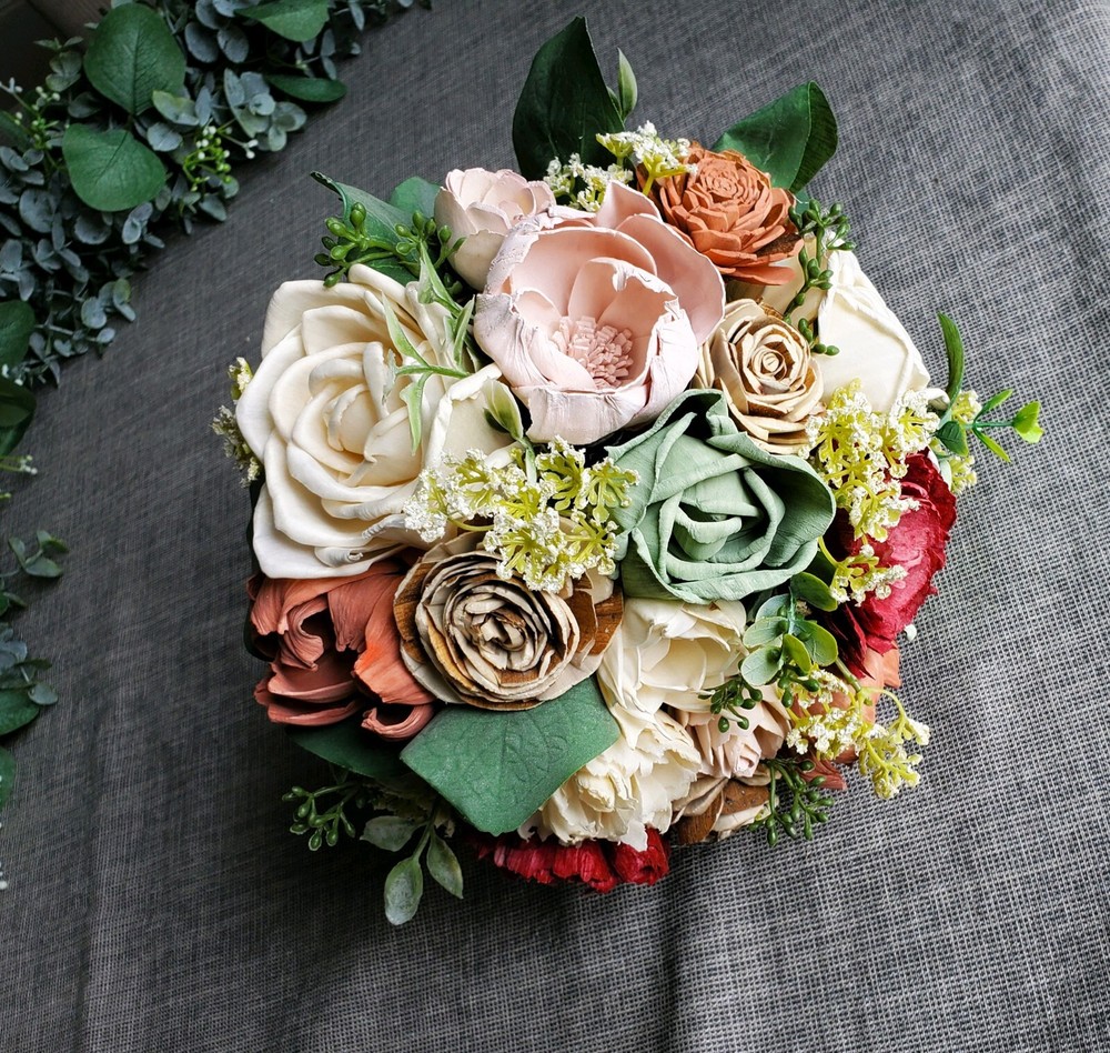 Pink Bridal Bouquet Sage Terra Cotta Burgundy Sola Wood Eucalyptus Bridesmaid