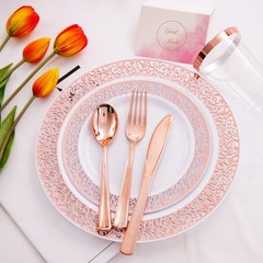Wellife 175 Pieces Rose Gold Plastic Dinnerwarerose Gold Dinnerware Set Include