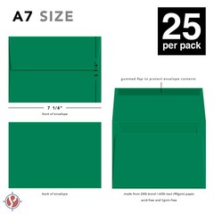 A7 Envelopes, 5 1/4″ x 7 1/4″, Green, Square Flap, 24w (90gsm), 25 per Pack