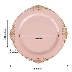 10 BLUSH GOLD 8″ Round Plastic Salad Dinner PLATES Embossed Baroque Rim Party