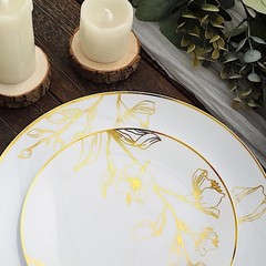 20 Round White Plastic Salad Dinner Plates Gold Floral Design Events Decorations
