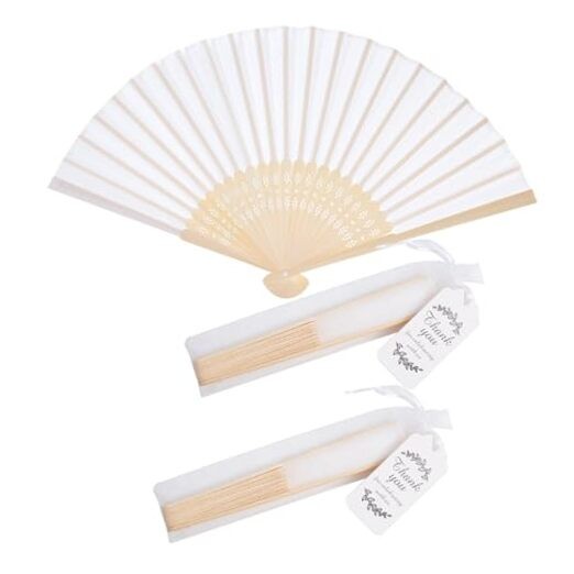 50pcs Fabric Hand Fan Fabric Bamboo Handheld Folded Fan with Organza Bags White