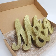 Golden Wooden Mr & Mrs Sign for Wedding & Anniversary Tables, 12.2×5.9