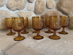 Vintage Glass Set of 8 Goblet MCM Orange Colored Raised Pattern Goblet 5.5″ tall