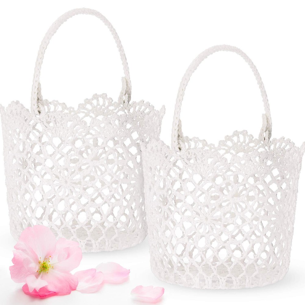 2 Pieces Flower Girl Basket for Wedding Small White Basket with Handle for We…