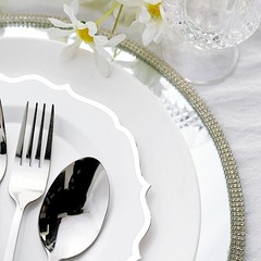 20 WHITE 8″ Round Plastic Dinner Plates SILVER Scalloped Rim Events Wedding