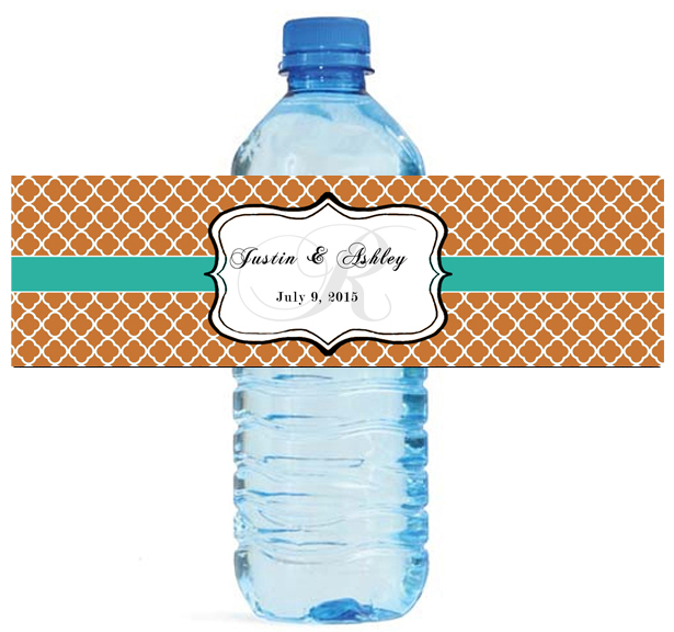 100 Copper & Teal Monogram Wedding Water Bottle Labels Engagement Bridal 8″x2″