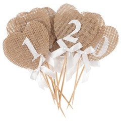Assorted Color Rustic Jute Wedding Table Number Hearts with String and Stick