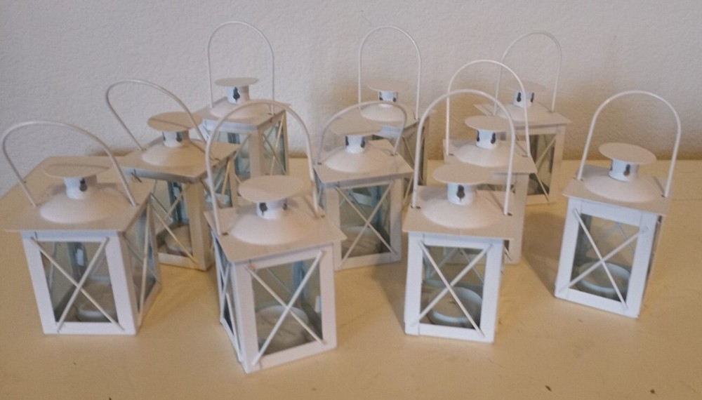 Lot of 10 Mini Metal White Lanterns 5″ tall X3″X3″ 7″ tall w/Handle Glass Sides