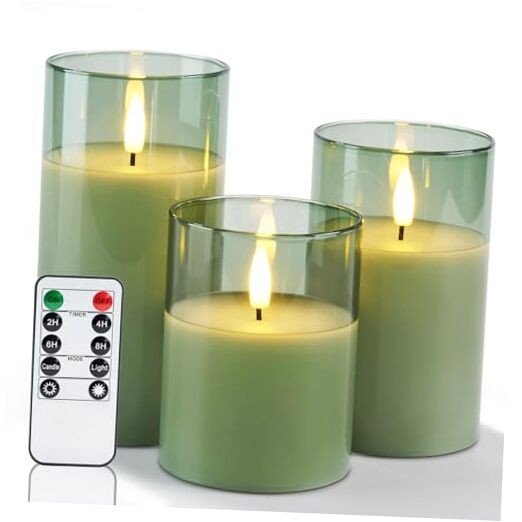 Green Glass Flameless Candles with Remote and Timer, Real Wax Olive Green