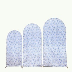 3 WHITE BLUE Chinoiserie Floral Satin Round Top Backdrop STAND COVERS Set Party