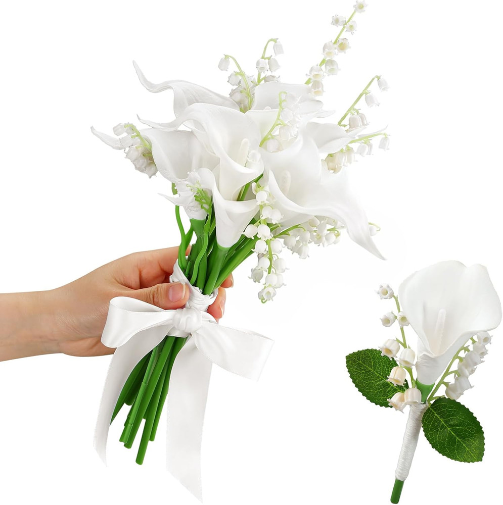 16 Pcs Bride Bouquet Set Include 10 White Calla Lily Artificial Flowers 5 Faux L