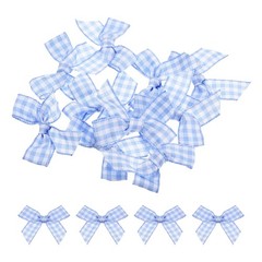 10Pcs Mini Gingham Ribbon Bow 1.5″ Checkered Fabric Satin Light Blue and White