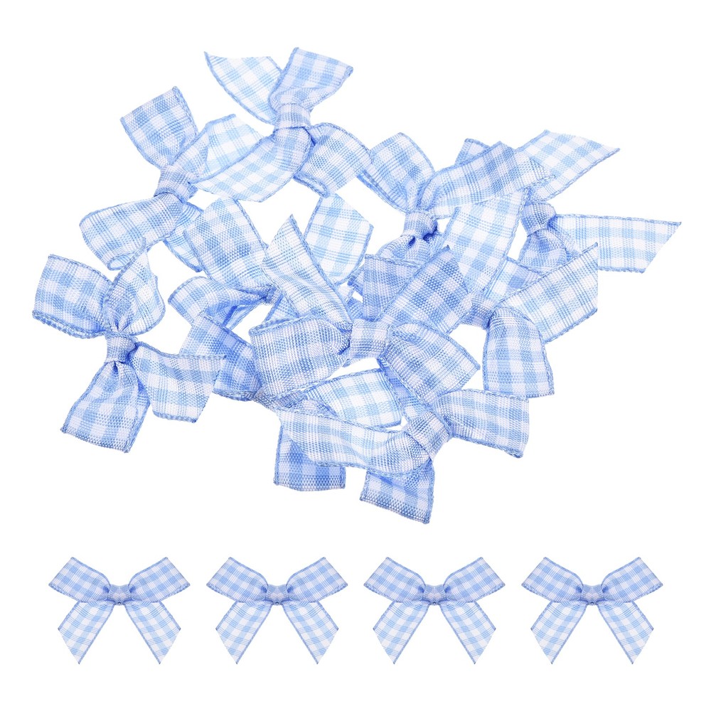 10Pcs Mini Gingham Ribbon Bow 1.5″ Checkered Fabric Satin Light Blue and White