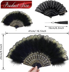 2 Pieces Feather Hand Fan Embroidered Flower Marabou 1920s Black