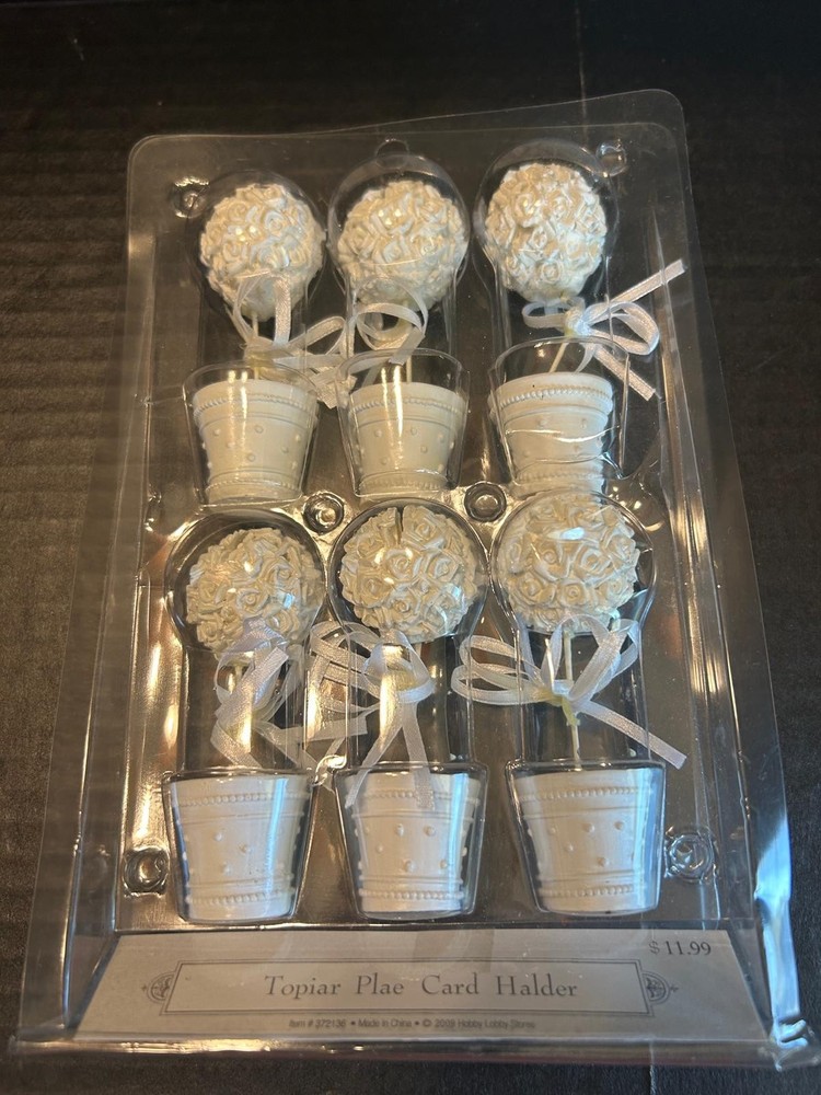 6 Flower Pot White Topiary Roses Name Place Card Holders Party 3.75″ Tall New